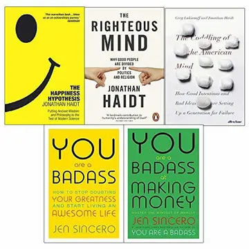 Cover of Happiness hypothesis, the righteous mind, coddling of the american mind, you are a badass at making money 5 books collection set