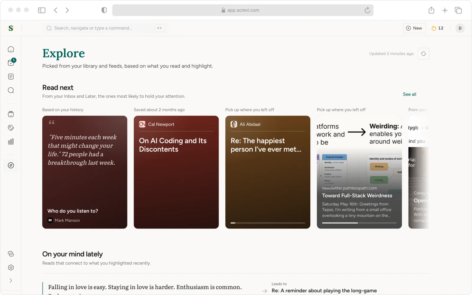 The Explore page with Start here and Read next