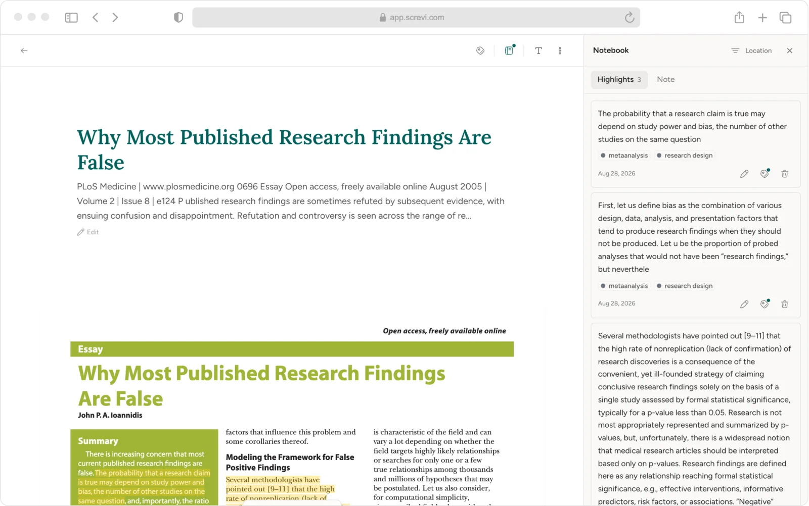A PDF in the reader with highlights and the Notebook panel open