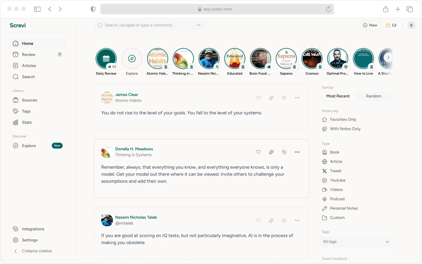 The new Screvi web app: sidebar, Stories and the highlights feed