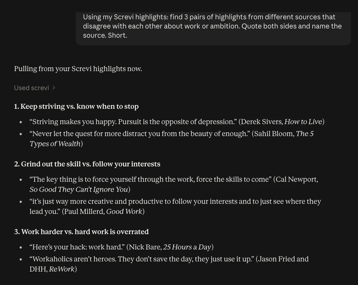 Claude pairing contradicting highlights from Derek Sivers, Sahil Bloom, Cal Newport and others