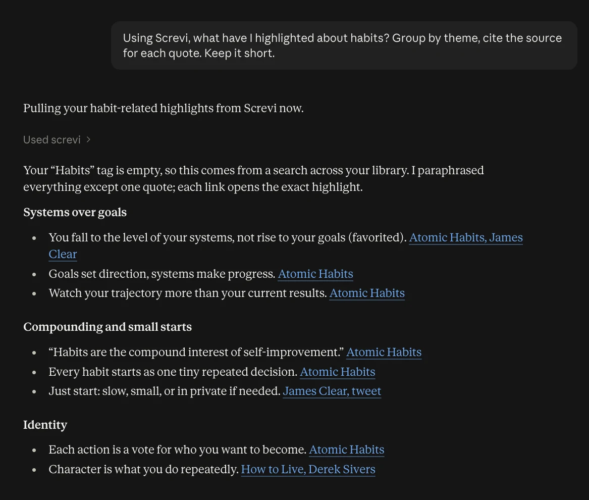 Claude grouping highlights about habits by theme, each linked to its source