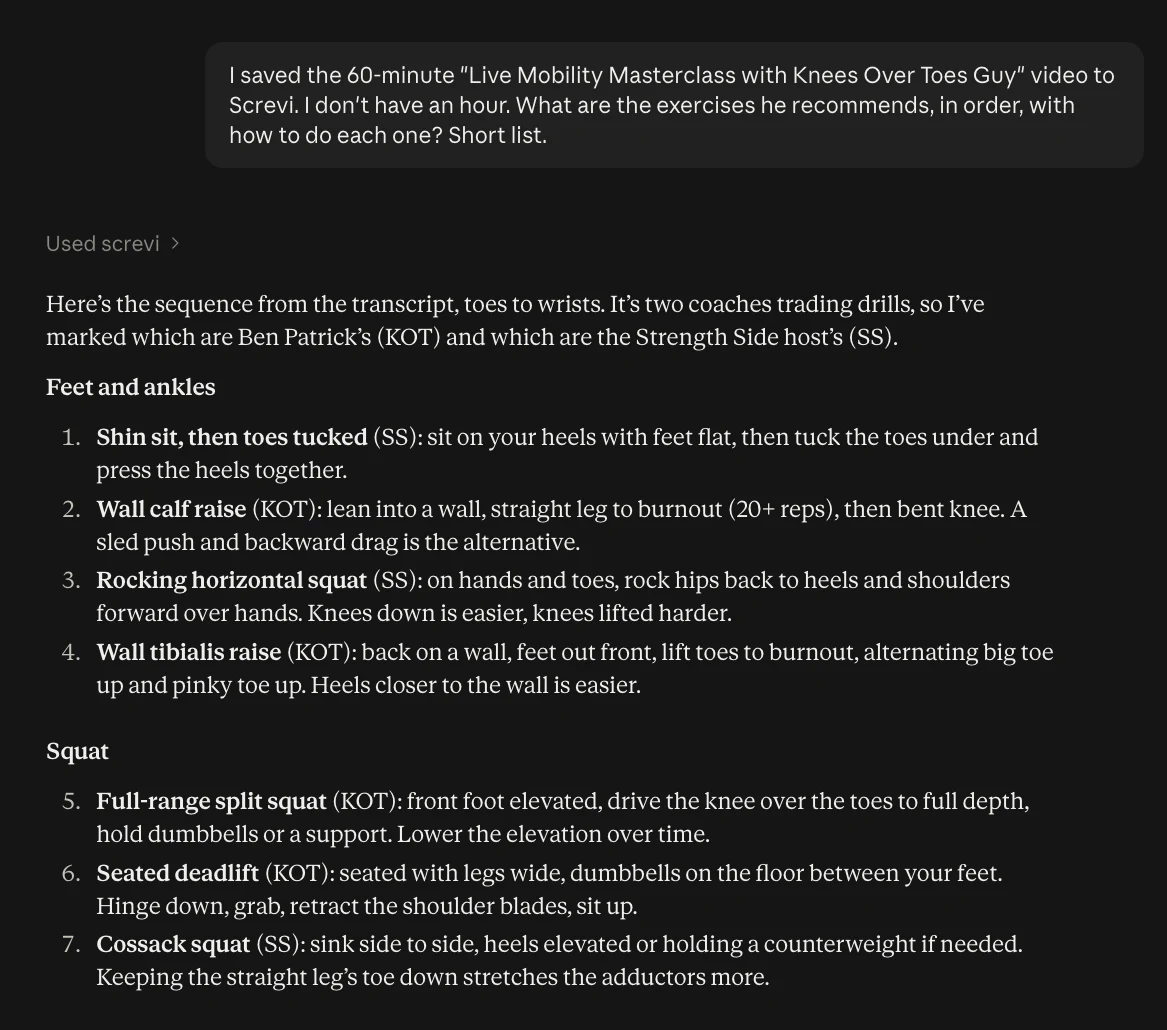 Claude turning an hour-long YouTube transcript into a numbered exercise list