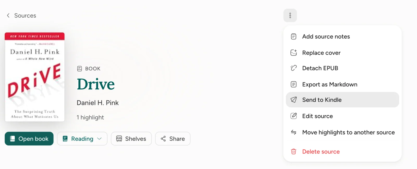 The Send to Kindle option in the menu of a book in Screvi