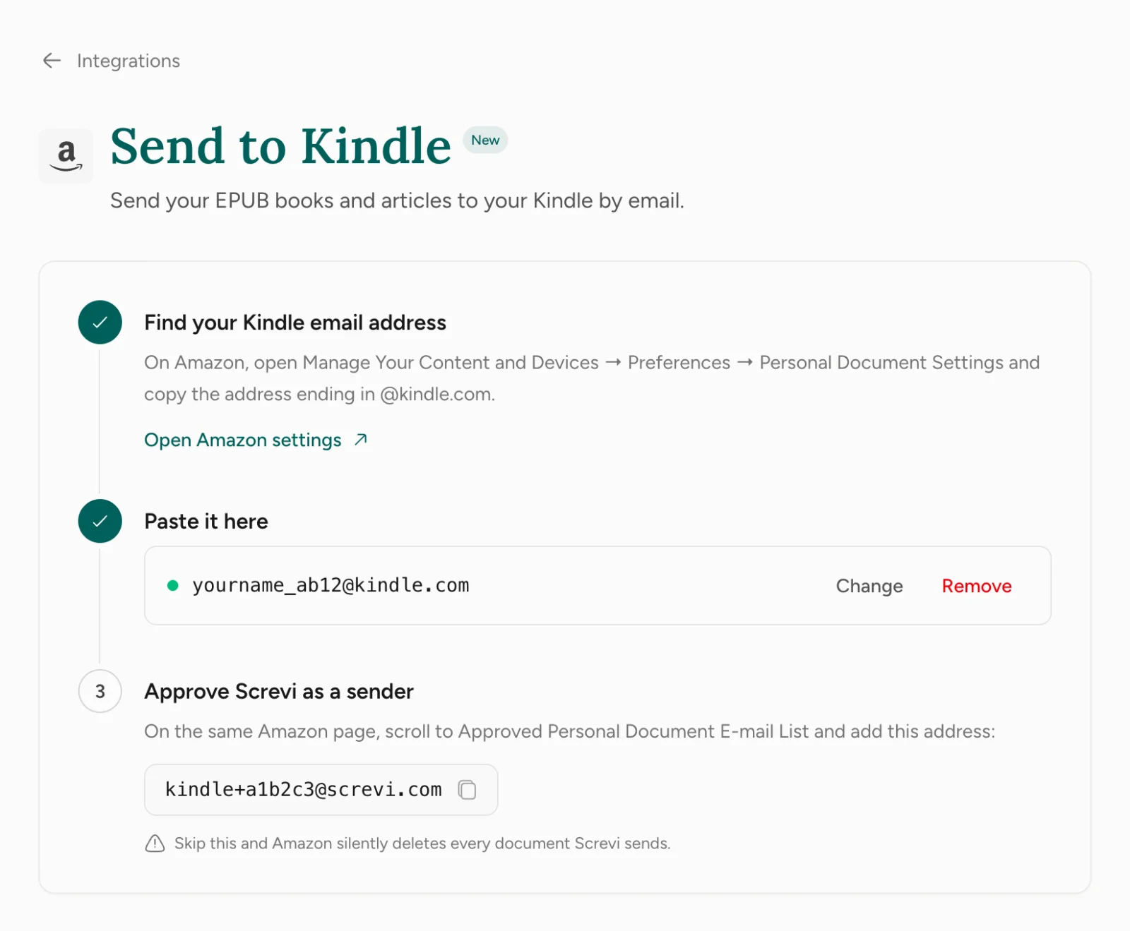 The Send to Kindle settings page in Screvi, with the Kindle address saved and the sender address to approve