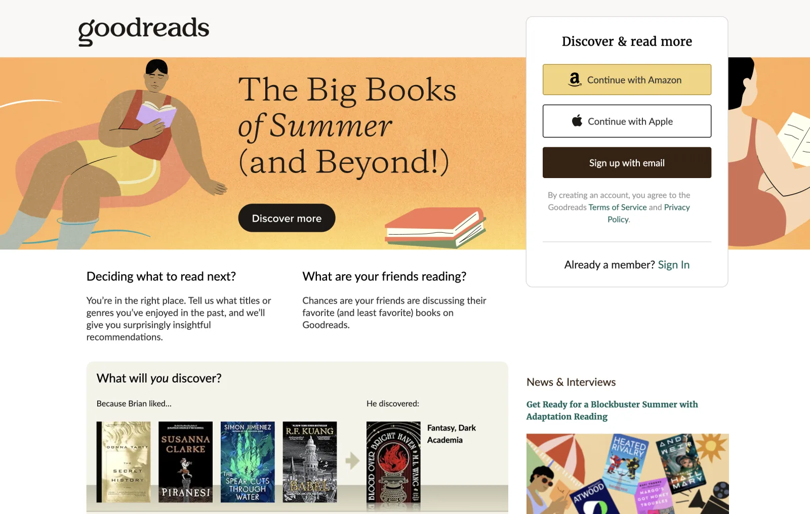 Goodreads homepage in 2026