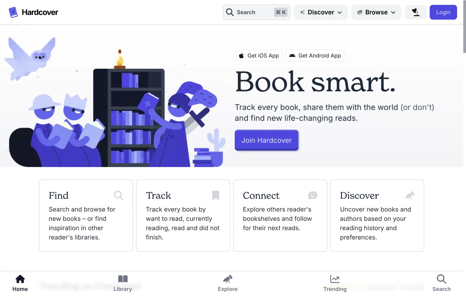 Hardcover book tracking app homepage