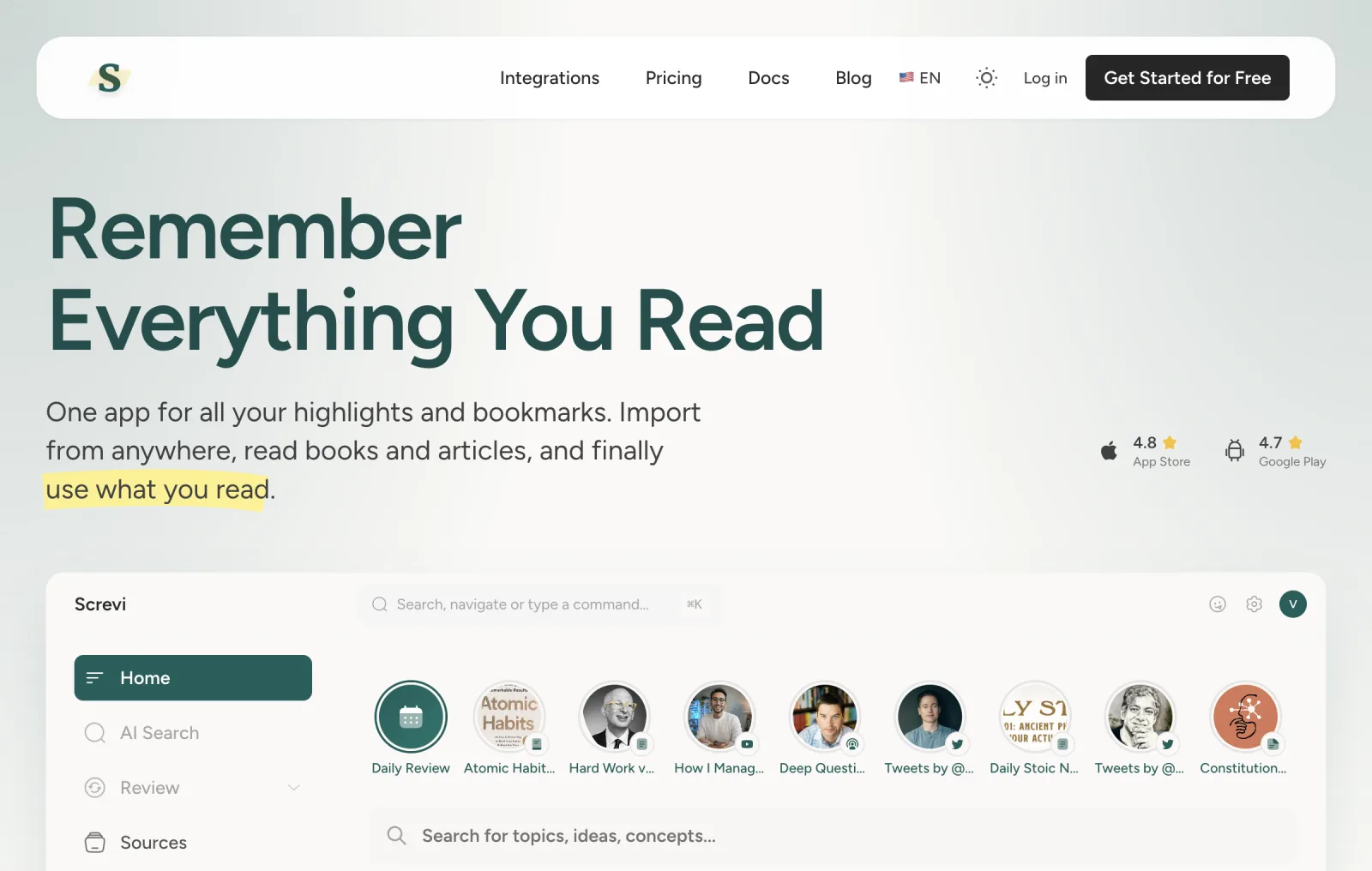 Screvi homepage, a book tracking and highlights app