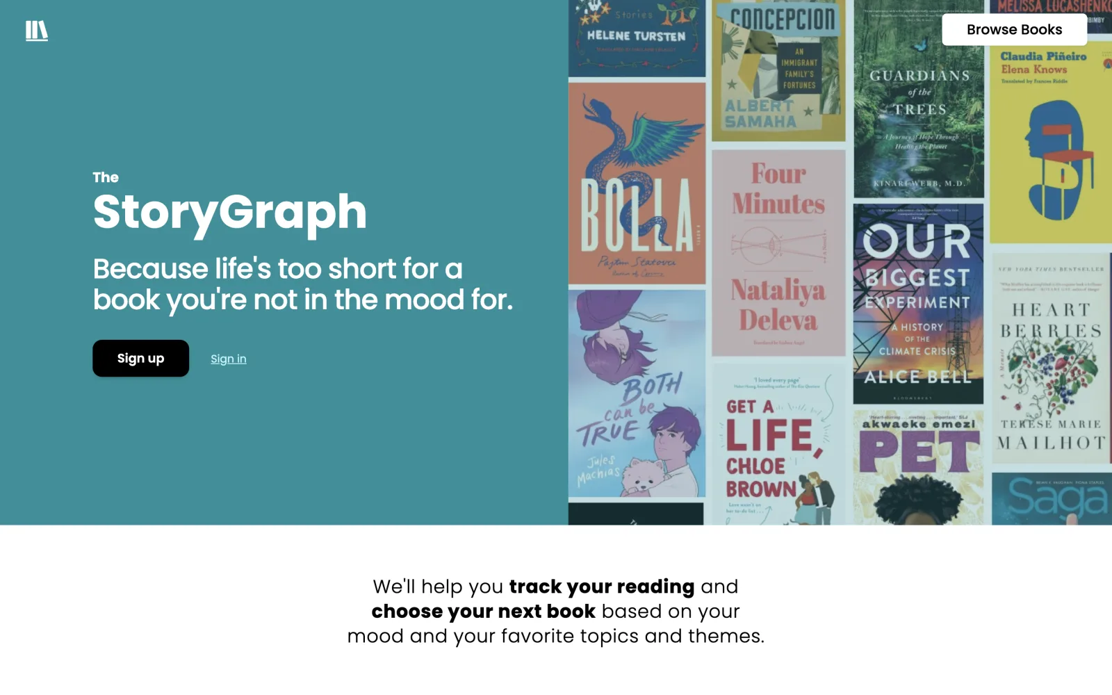 The StoryGraph book tracking app homepage