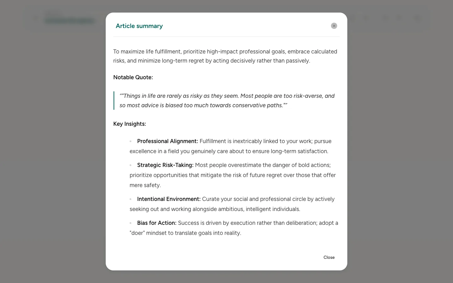 Screvi article reader showing an AI-generated summary with key insights