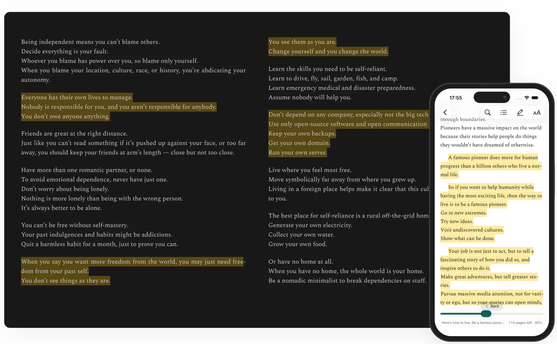 How to Live open in the Screvi book reader on desktop and iPhone, with passages highlighted