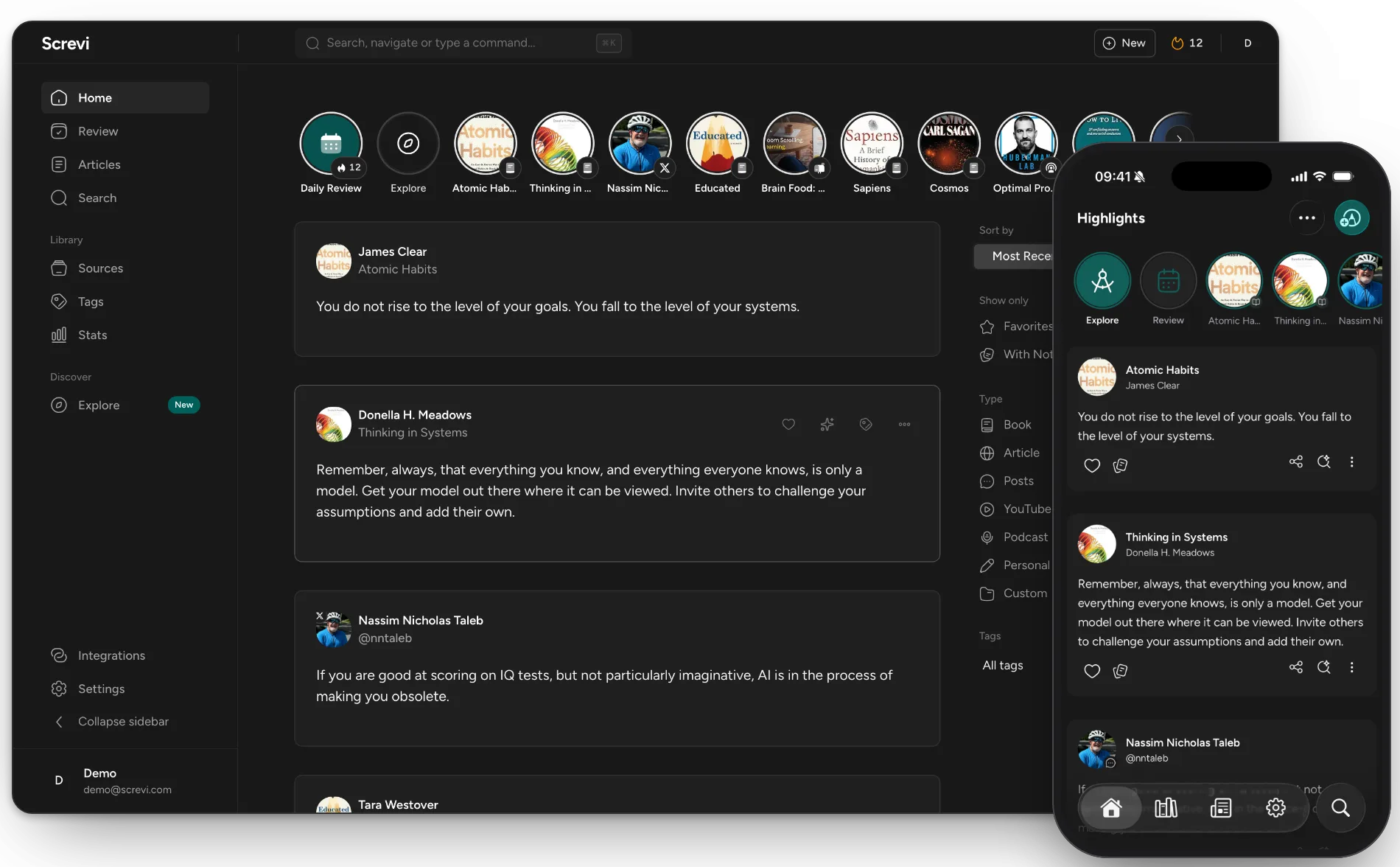 Screvi on desktop and phone, showing a library of highlights