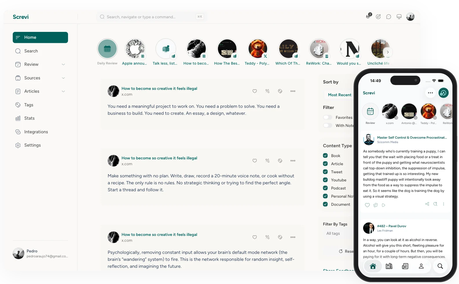 Screvi on desktop and iPhone: the web app feed in a browser window with the mobile app feed in front