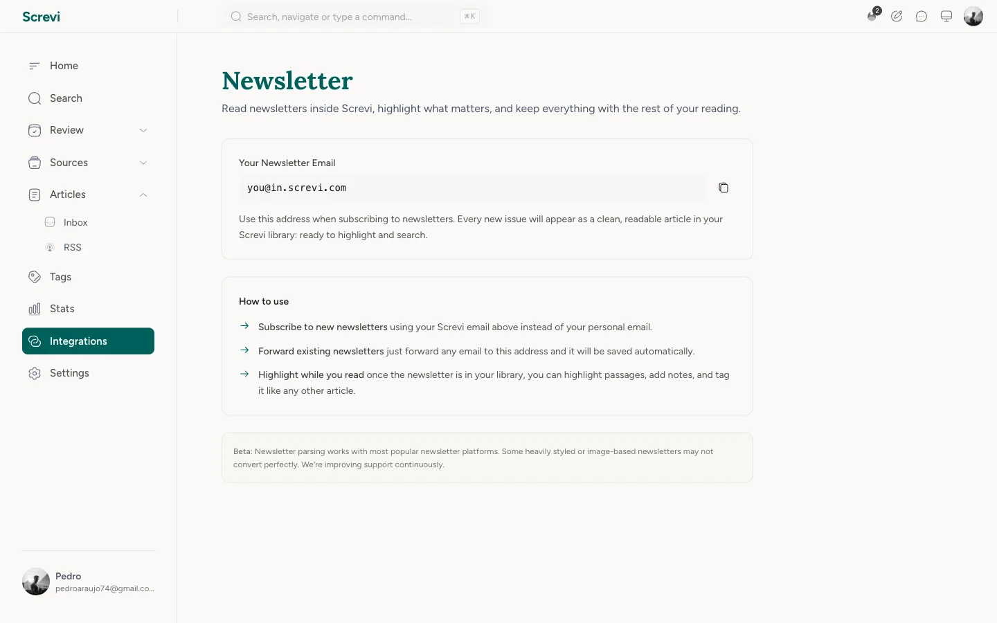 Screvi newsletter setup showing a personal @in.screvi.com address and how to subscribe with it