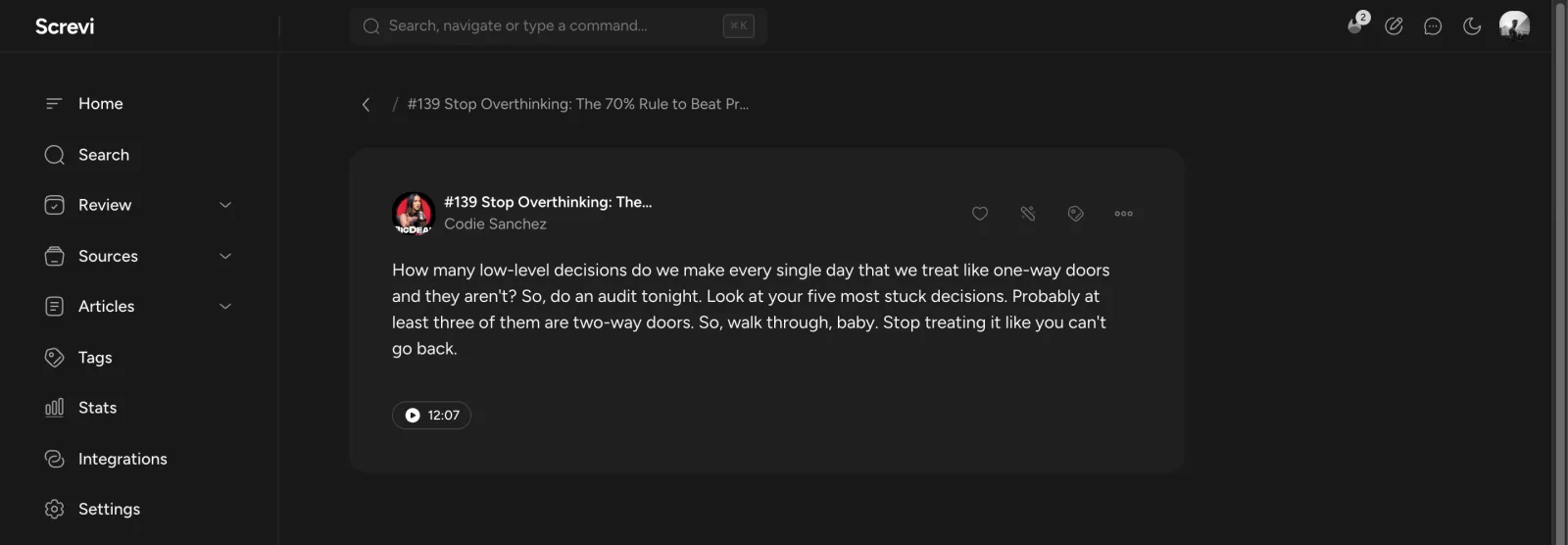 A saved podcast highlight in the Screvi web app, with a play button to replay the captured 30-second audio snippet