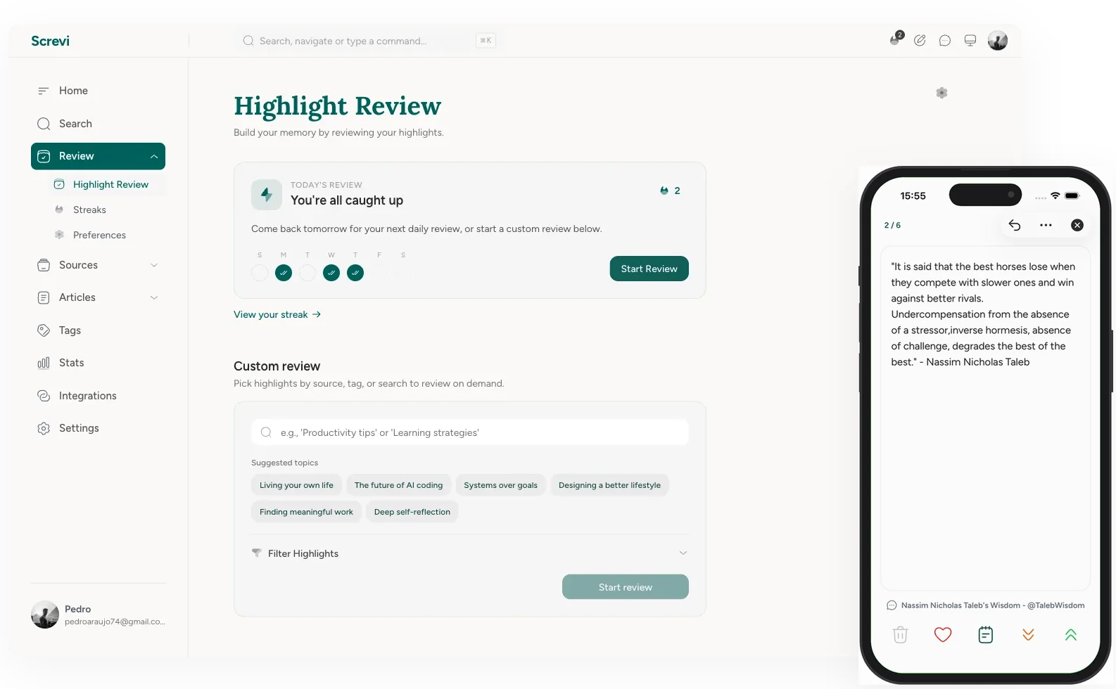 Screvi daily review on desktop and iPhone — resurfacing highlights on a spaced-repetition schedule
