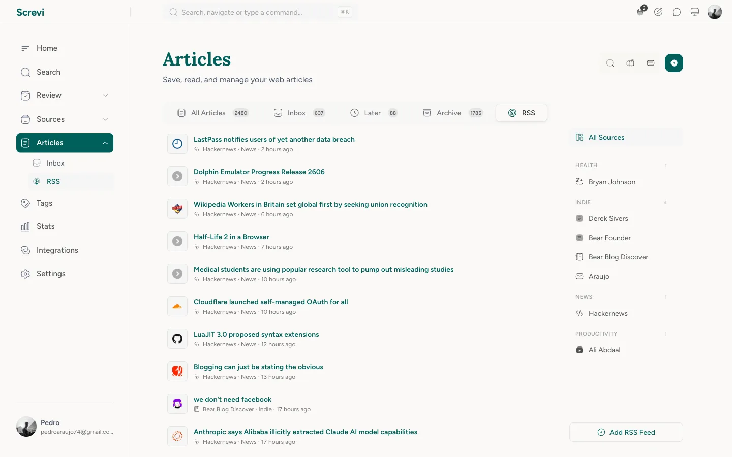 Screvi RSS feeds with an Add RSS Feed button