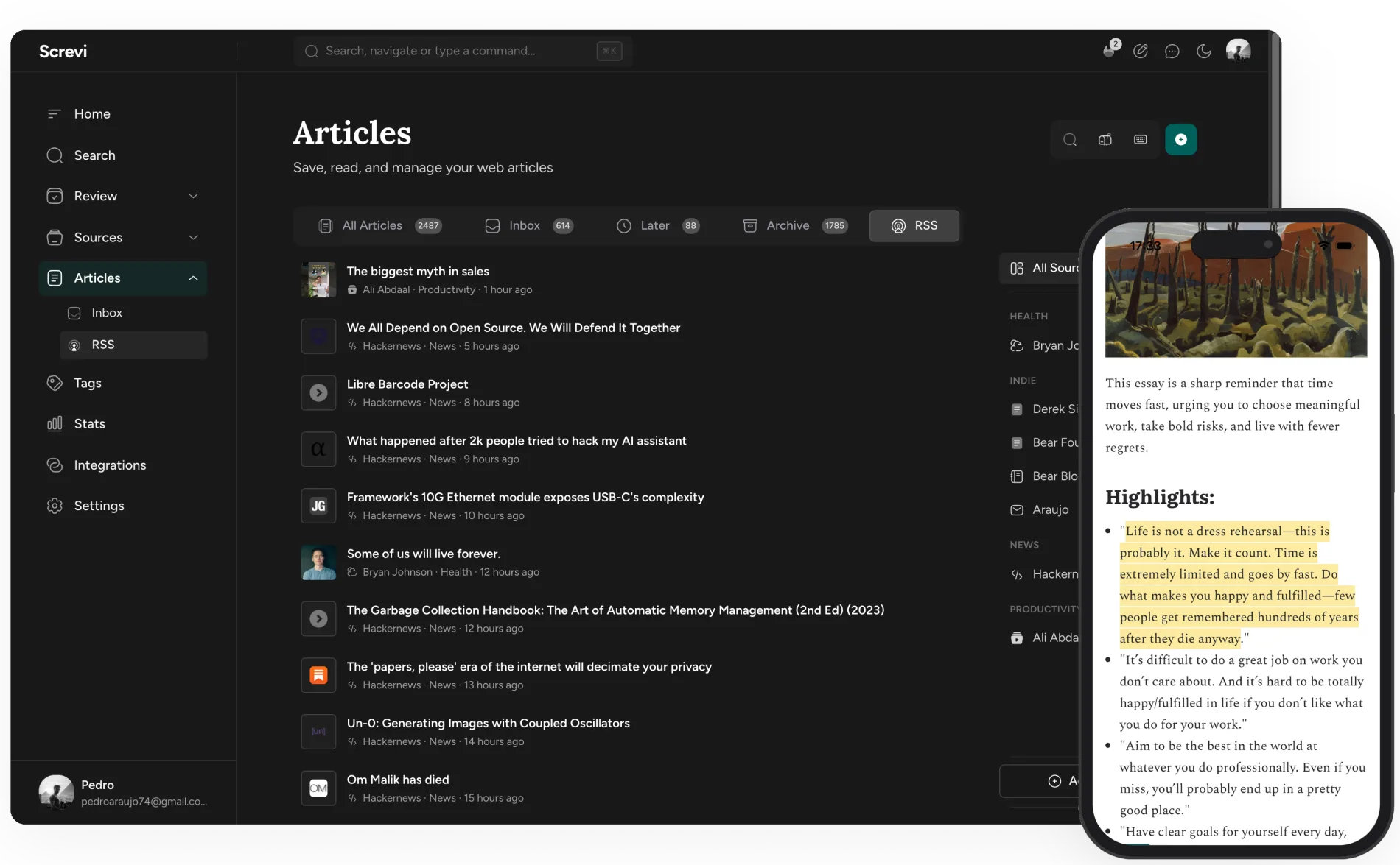 Screvi RSS feeds on desktop, with an article open in the iPhone reader showing a highlight