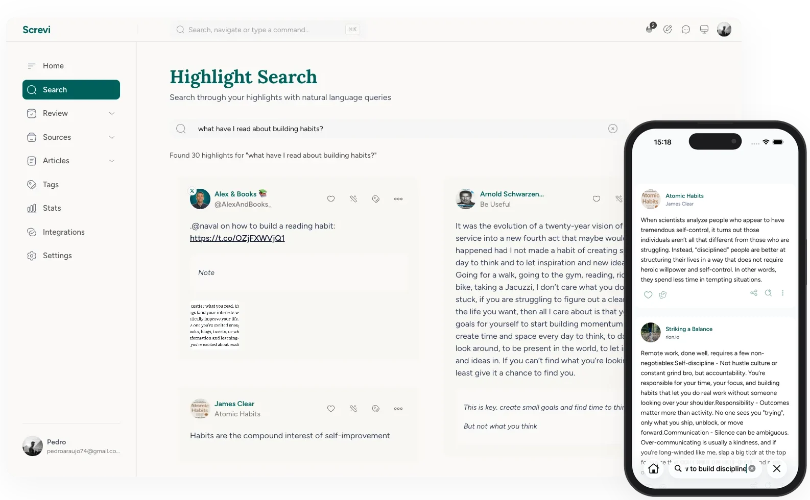 Screvi semantic search on desktop and iPhone — a natural-language query surfacing highlights by meaning