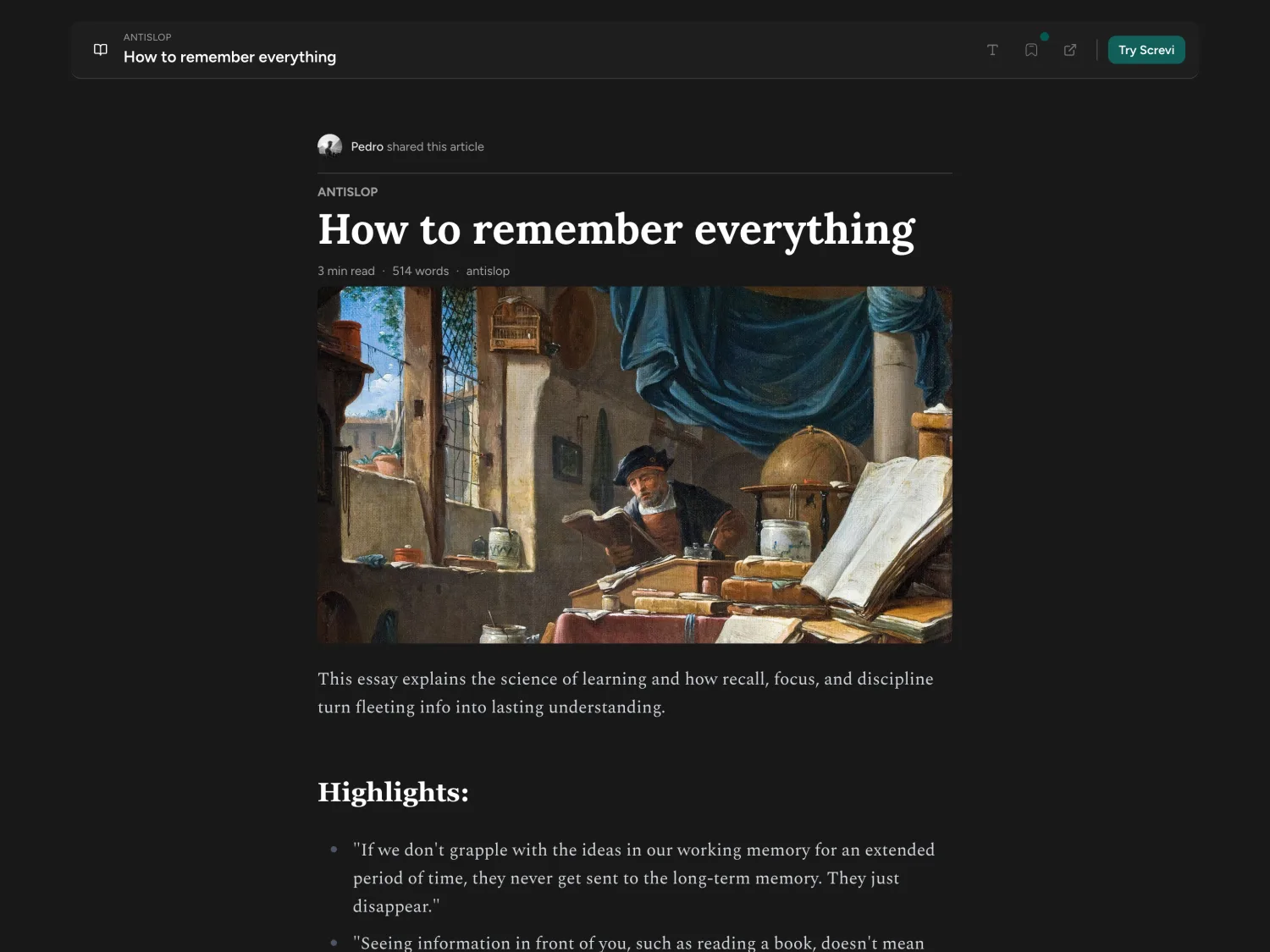 A publicly shared Screvi article, How to remember everything, with the reader's highlights listed below it
