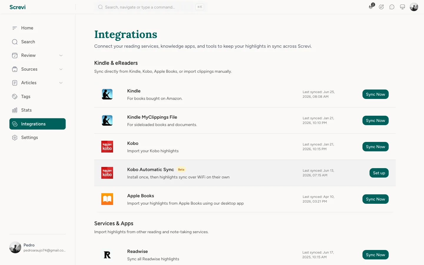 Screvi integrations page showing sync sources for Kindle, Kobo, Apple Books, and Readwise