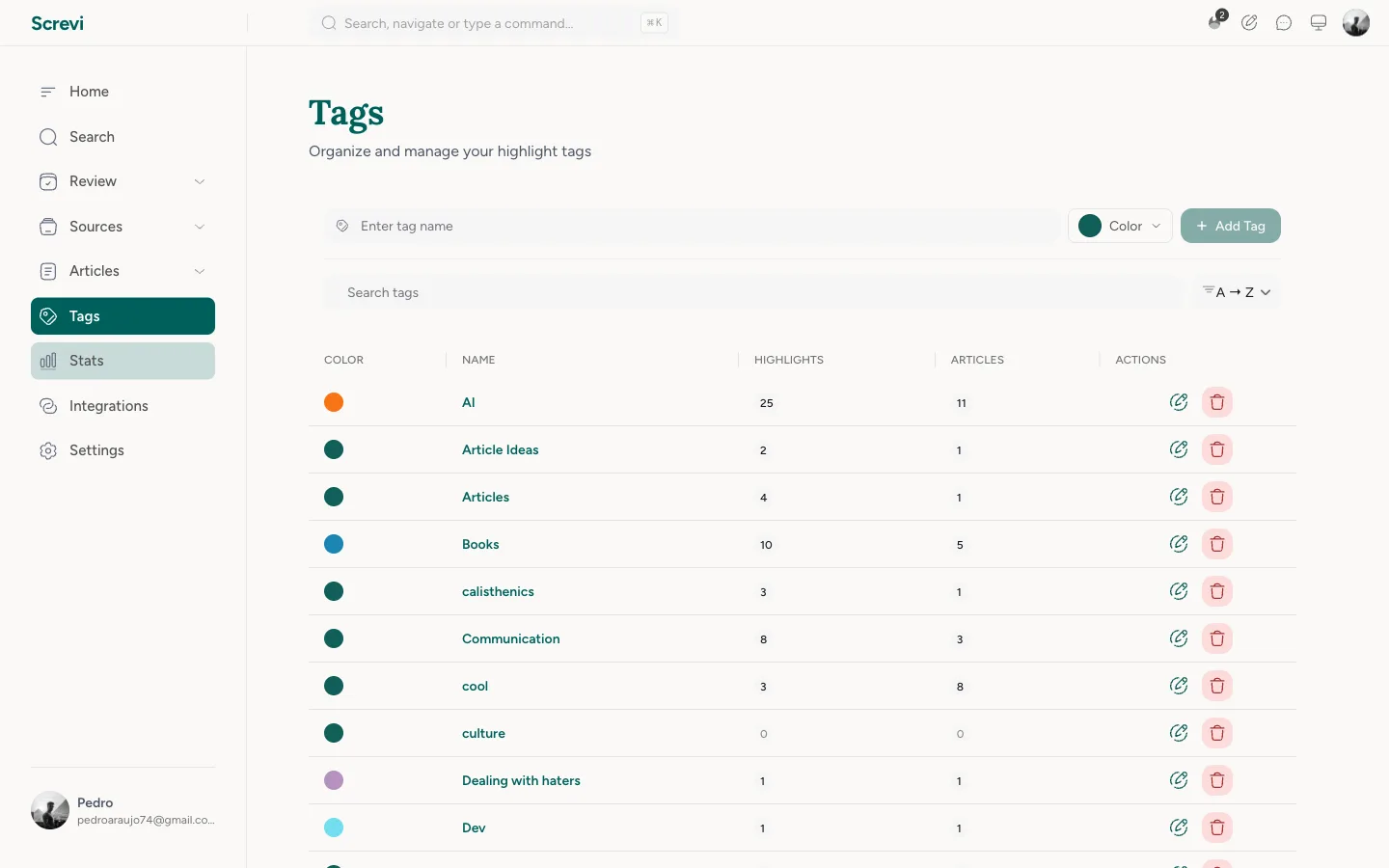 Screvi tags page listing colored tags with highlight and article counts